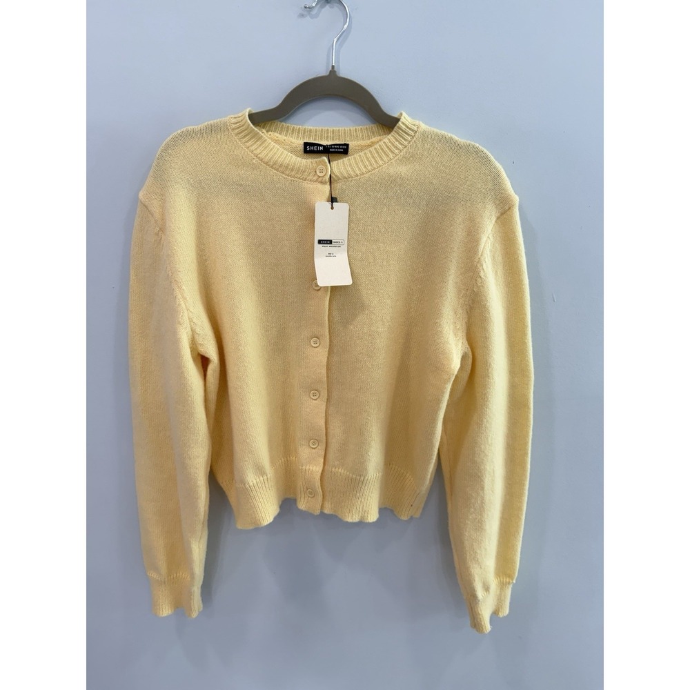 NEW Shein Butter Yellow Crew Neck Long Sleeve Button Up Sweater Size L Preppy